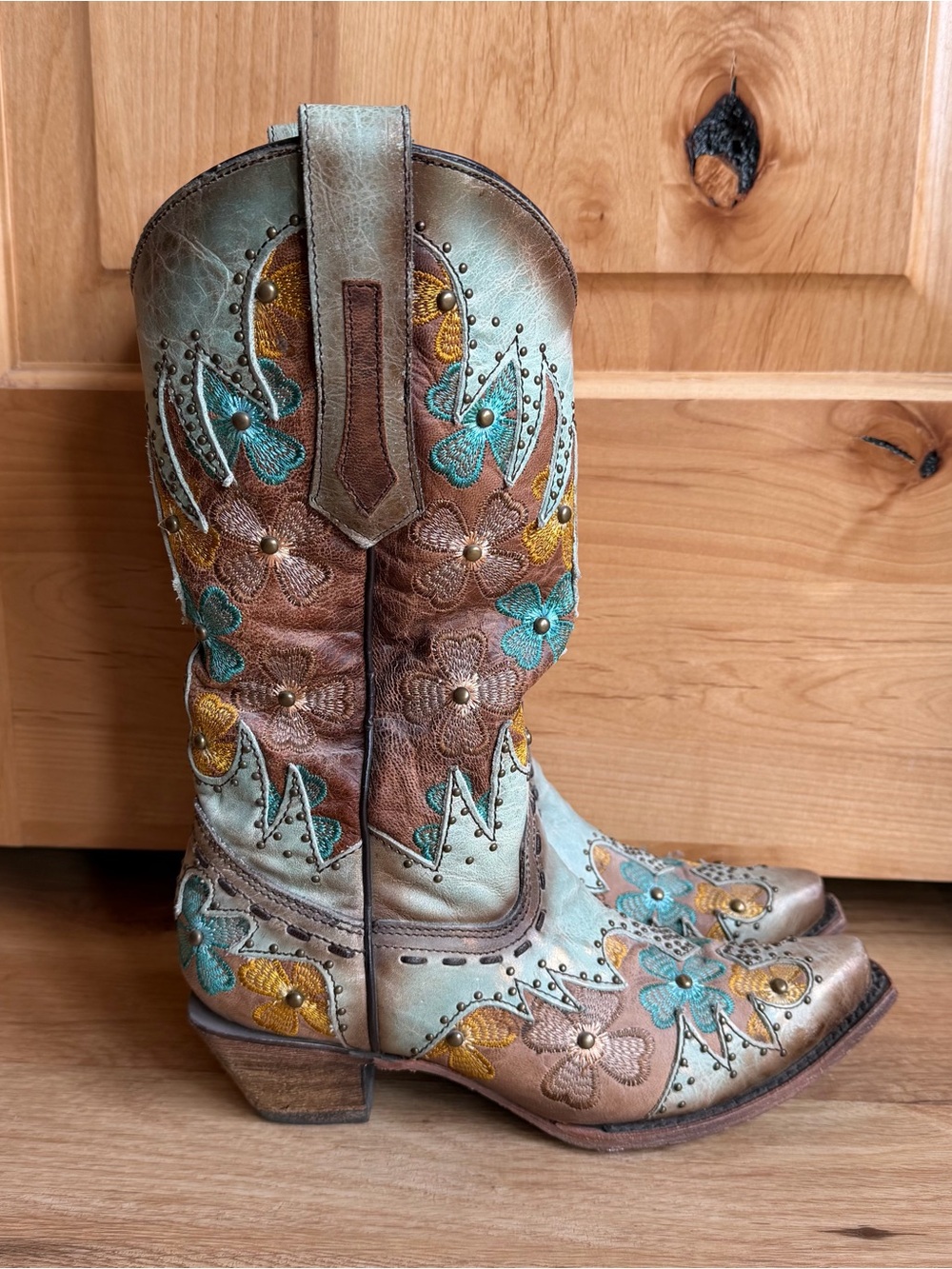 Corral C3379 Women’s 7.5M Cowboy Boots Floral Embroidered Studded Turquoise Tan